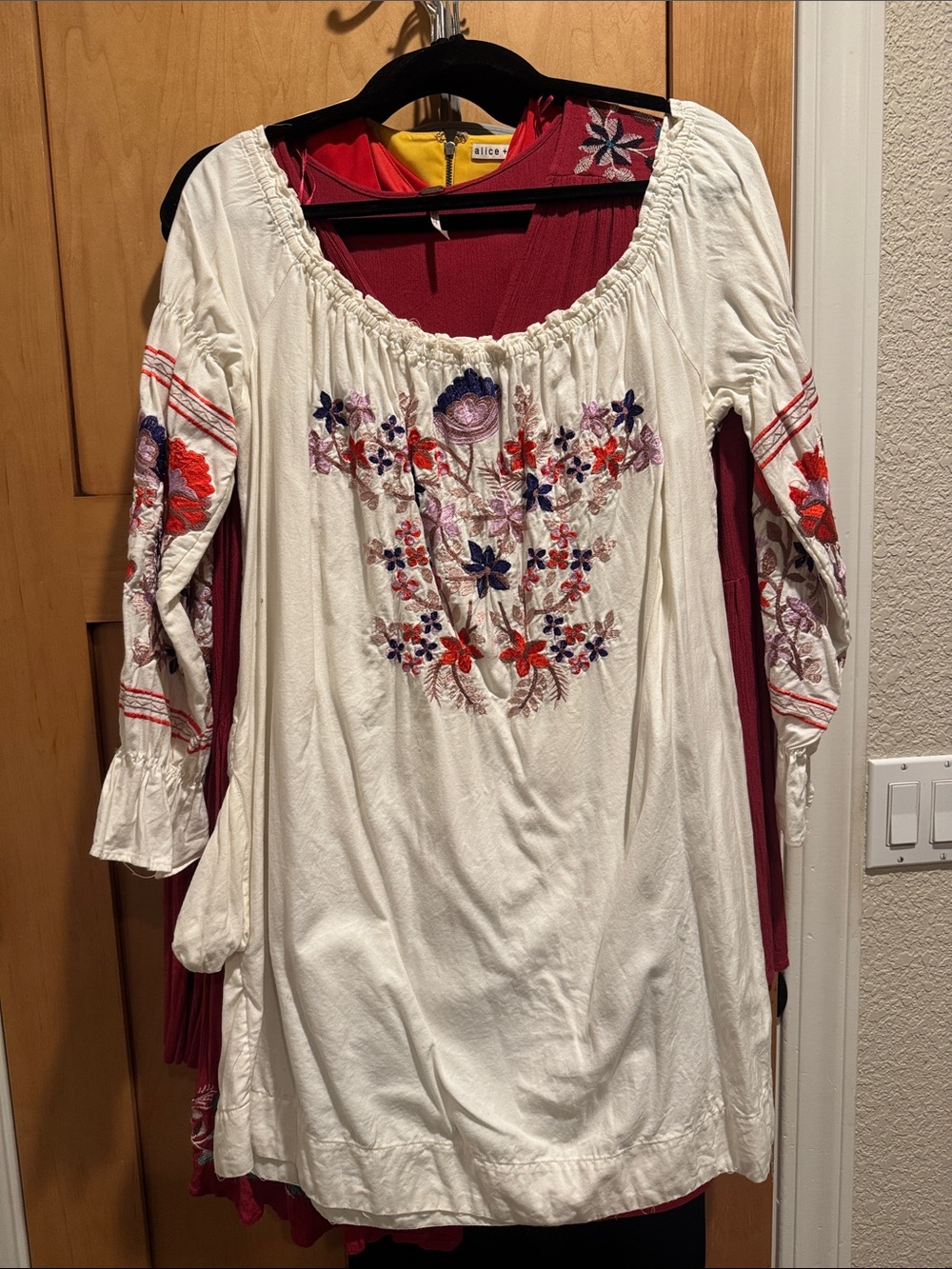 Free People White Embroidered Peasant Tunic with Red & Purple Accents